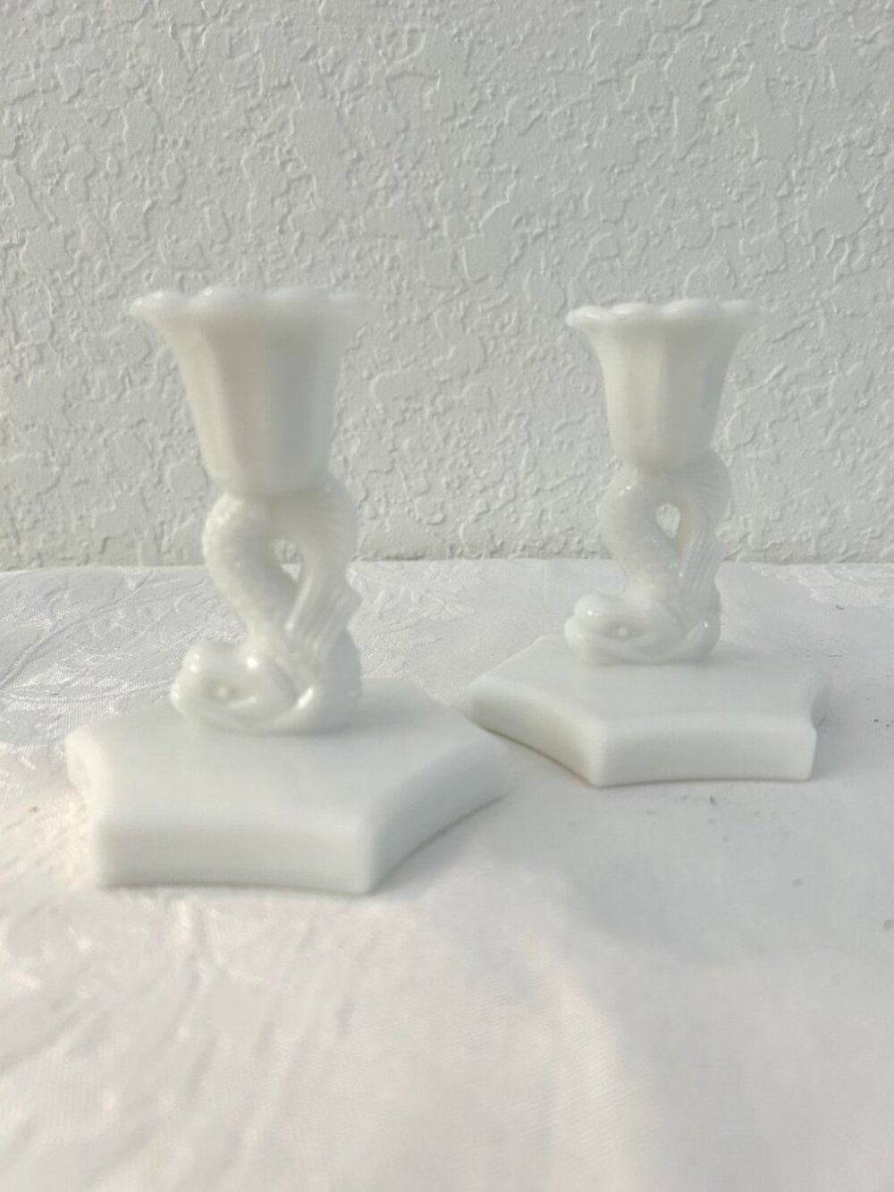 Mid-Century Milk Glass Koi Fish Candleholders, a Pair